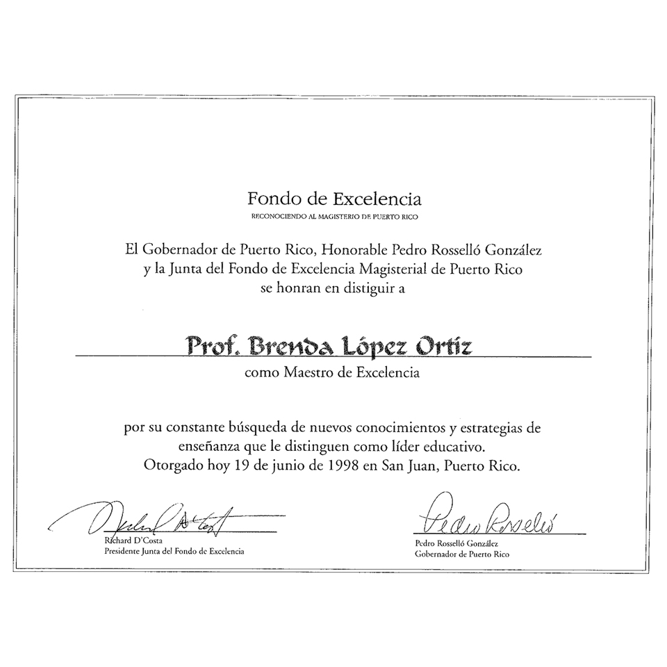 Certificate granted for being one of the Teachers of Excellence